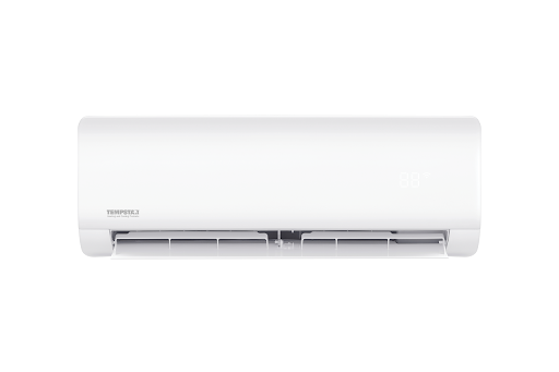 White wall-mounted air conditioner unit against black background.