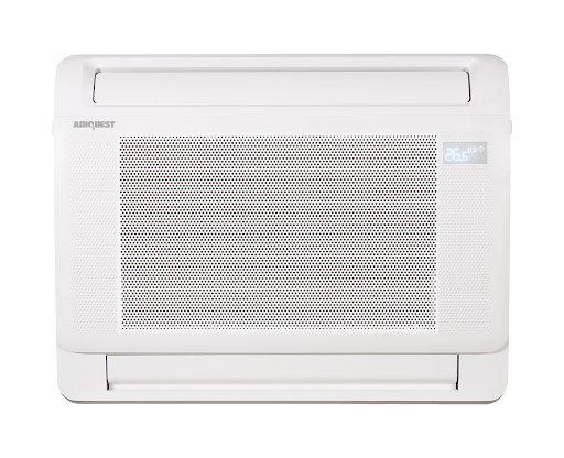 White air conditioner unit with digital temperature display turning on.