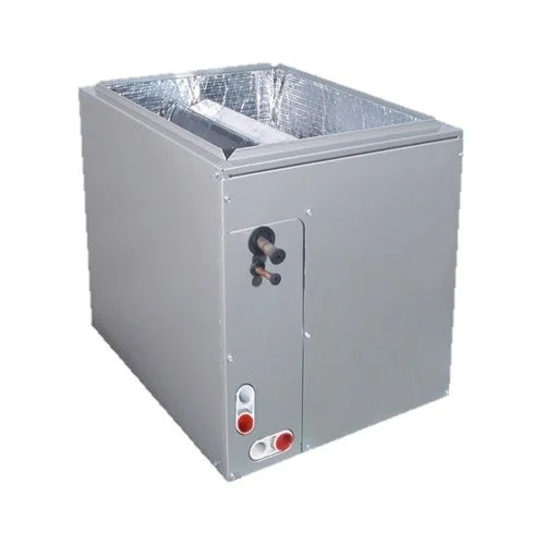 A silver-colored, rectangular HVAC unit with plumbing connections and a reflective insulated interior.
