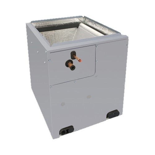 A gray metal solar water heater with pipes and a heating element
