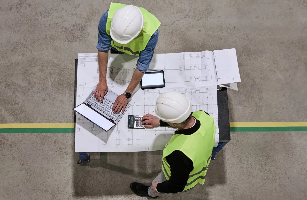 Two construction workers in yellow safety vests and white helmets discussing blueprints and using a laptop and calculator on a work table in an industrial setting.