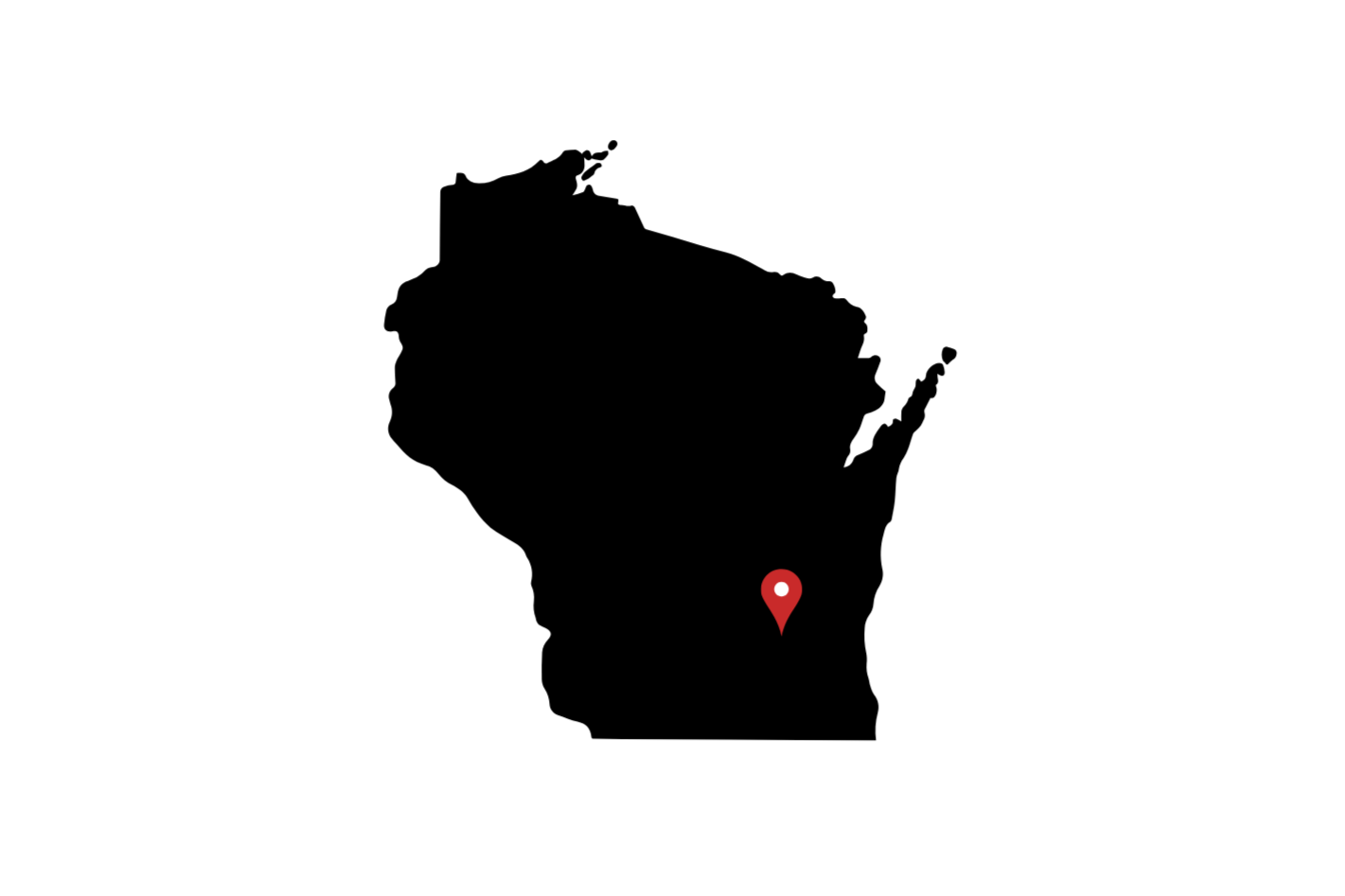 Silhouette of the state of Wisconsin with a red location marker in the southeastern part.