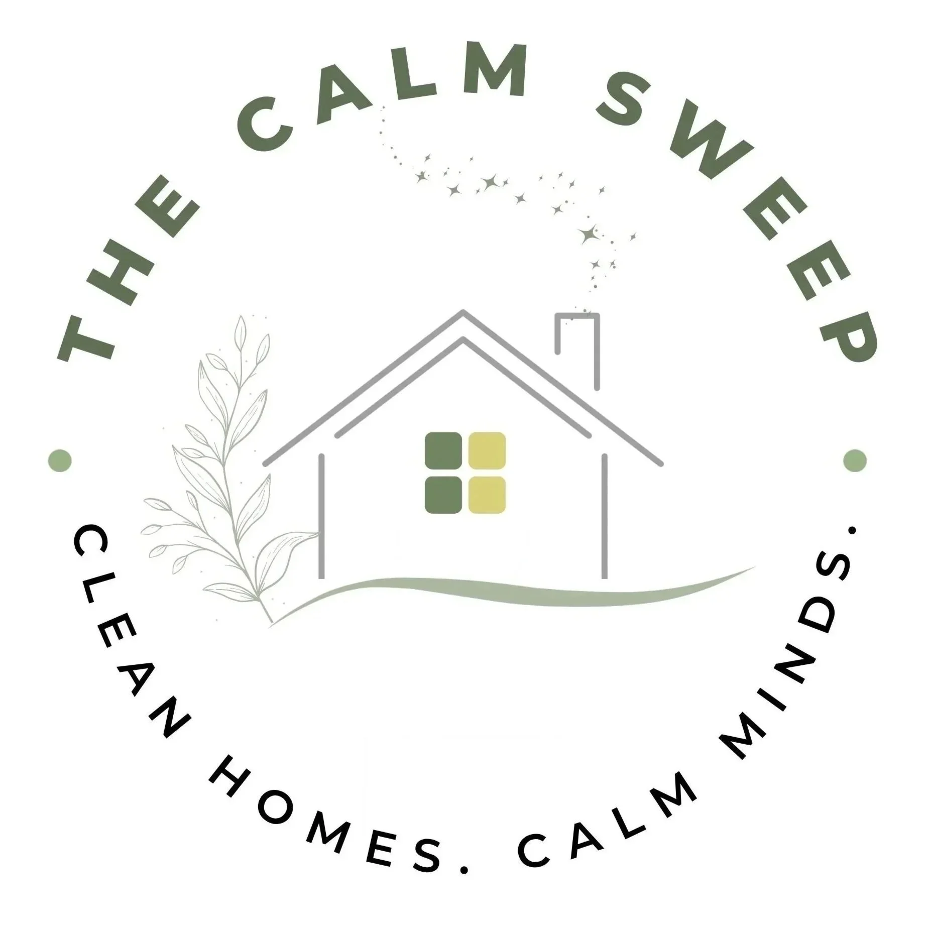 A logo with the phrase "TAKE A DEEP BREATH AND BE CALM SWEDEN" arranged in a circular shape around a sketch of a house with a roof and chimney, a leaf, and a starry trail.