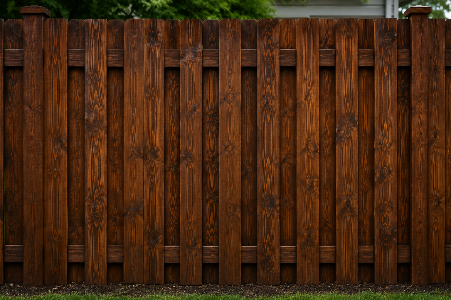 A wooden privacy fence with vertical planks in front of a backyard with green grass and trees.