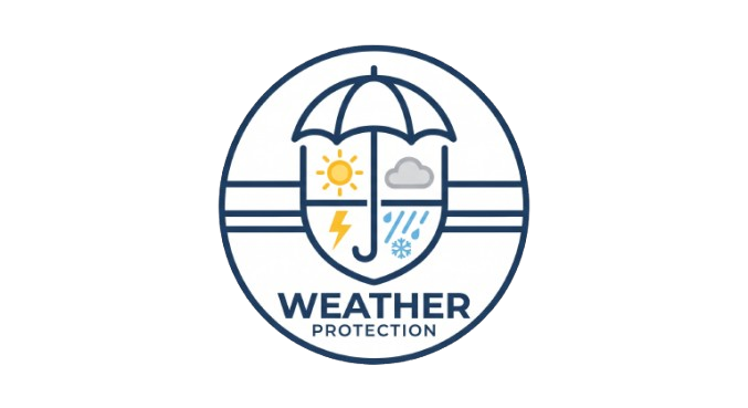 Weather protection icon with umbrella, sun, cloud, lightning, rain, and snow symbols.