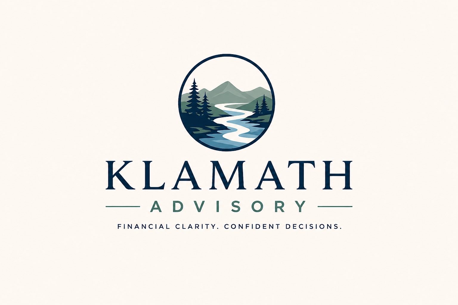 Logo for Klamath Advisory featuring a mountain landscape with a river, pine trees, and mountains, with the text "Klamath Advisory" and the tagline "Financial clarity. Confident decisions."