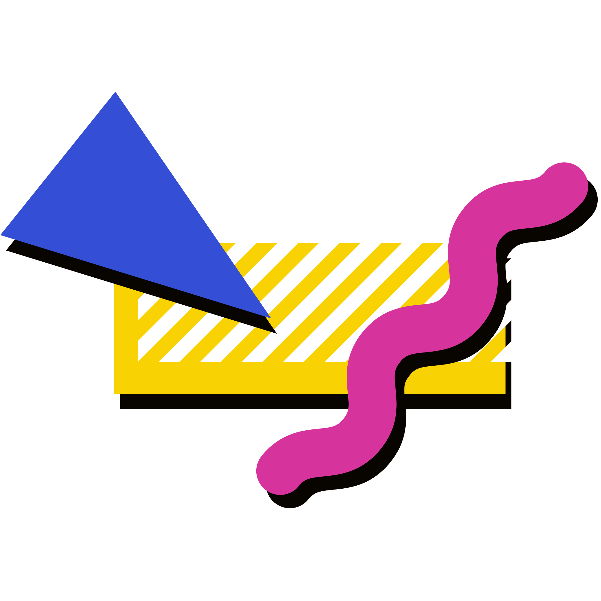 A diagonal blue triangle over a bunch of slanted white lines over a yellow rectangle with a reddish squiggle on top
