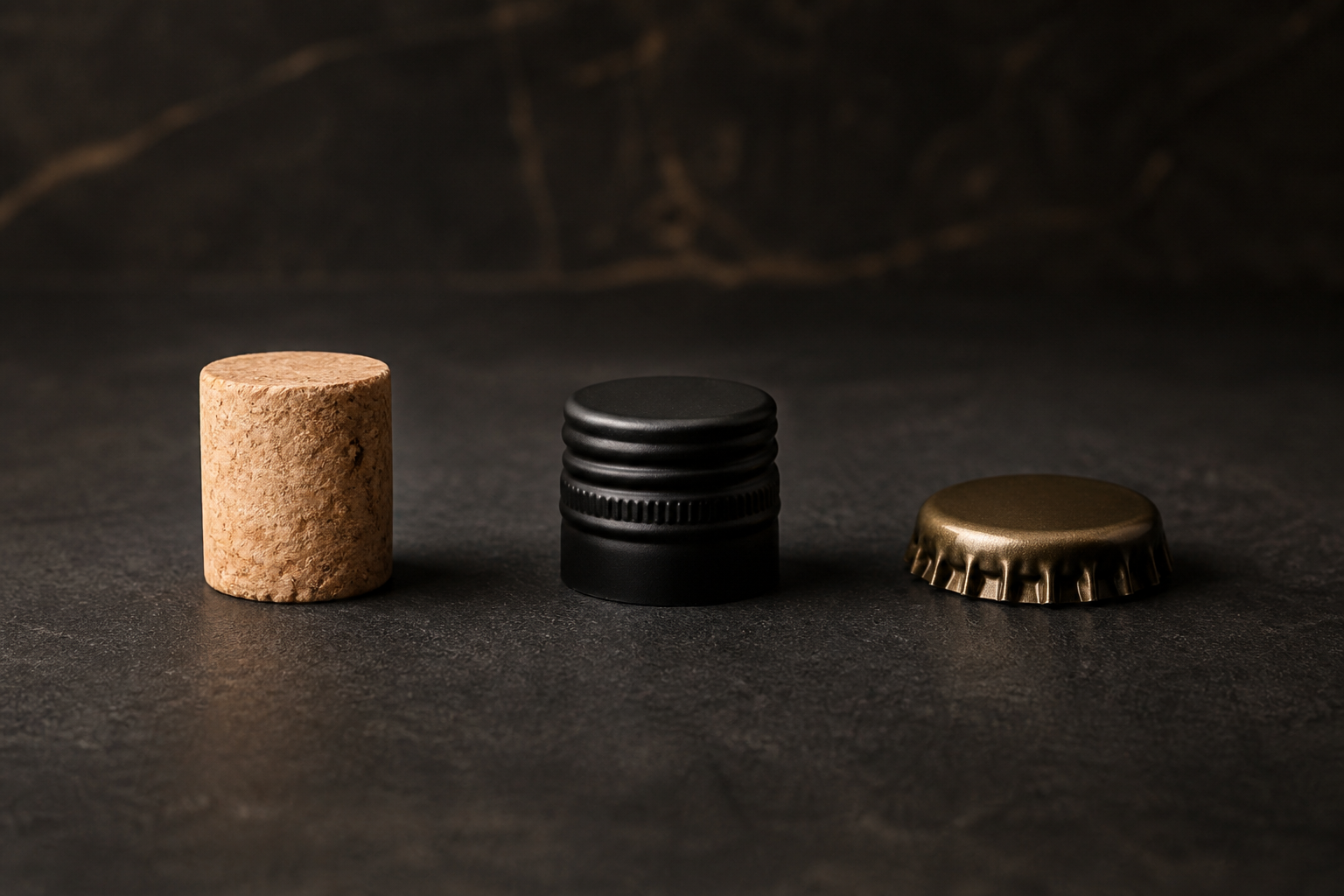 Cork, black screw cap, and gold crown cap displayed side by side