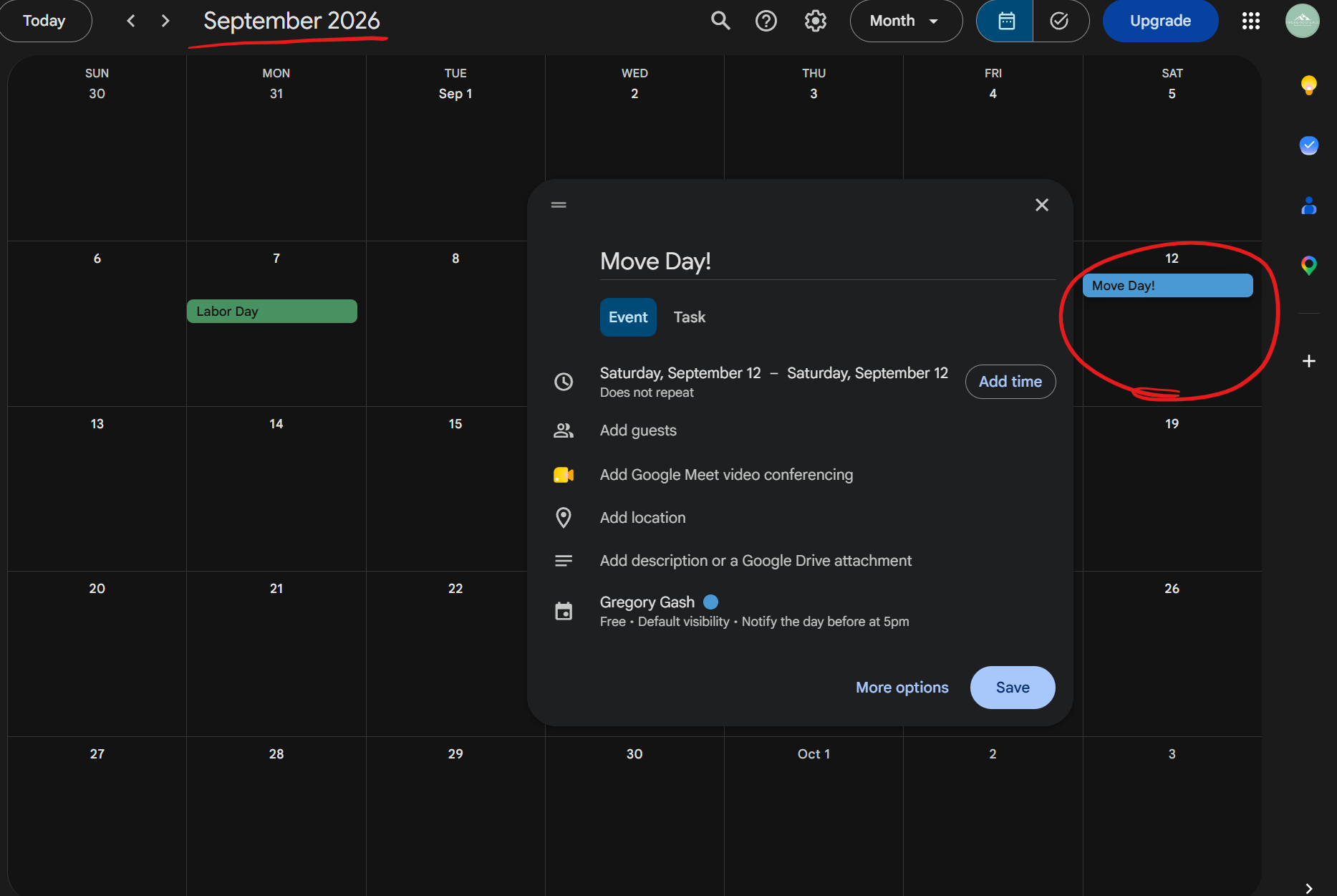 A digital calendar displaying September 2026 with a dark theme. A pop-up window titled 'Move Day!' shows details for moving September 12th. The calendar has an event called 'Move Day!' on September 12th highlighted in blue. A green event labeled 'Labor Day' is on September 4th. Other calendar navigation options and settings are visible.