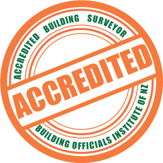 Orange and green circular badge with the words "Accredited" prominently in the center. Surrounding the badge are the phrases "Approved Building Surveyor" at the top and "Building Officials Institute of NZ" at the bottom.