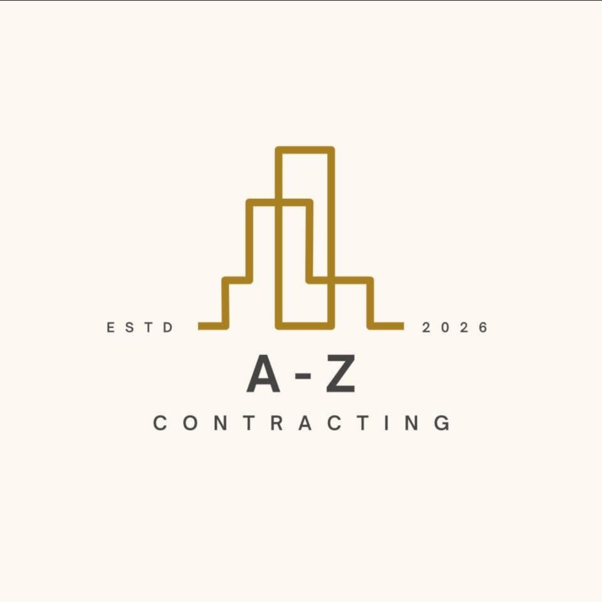 Logo for A-Z Contracting, featuring a stylized city skyline outline in gold color with establishing year 2026 below, on a white background.