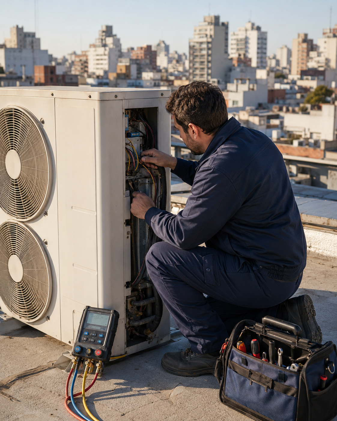 Un técnico revisando una unidad de aire acondicionado en un techo de ciudad.
