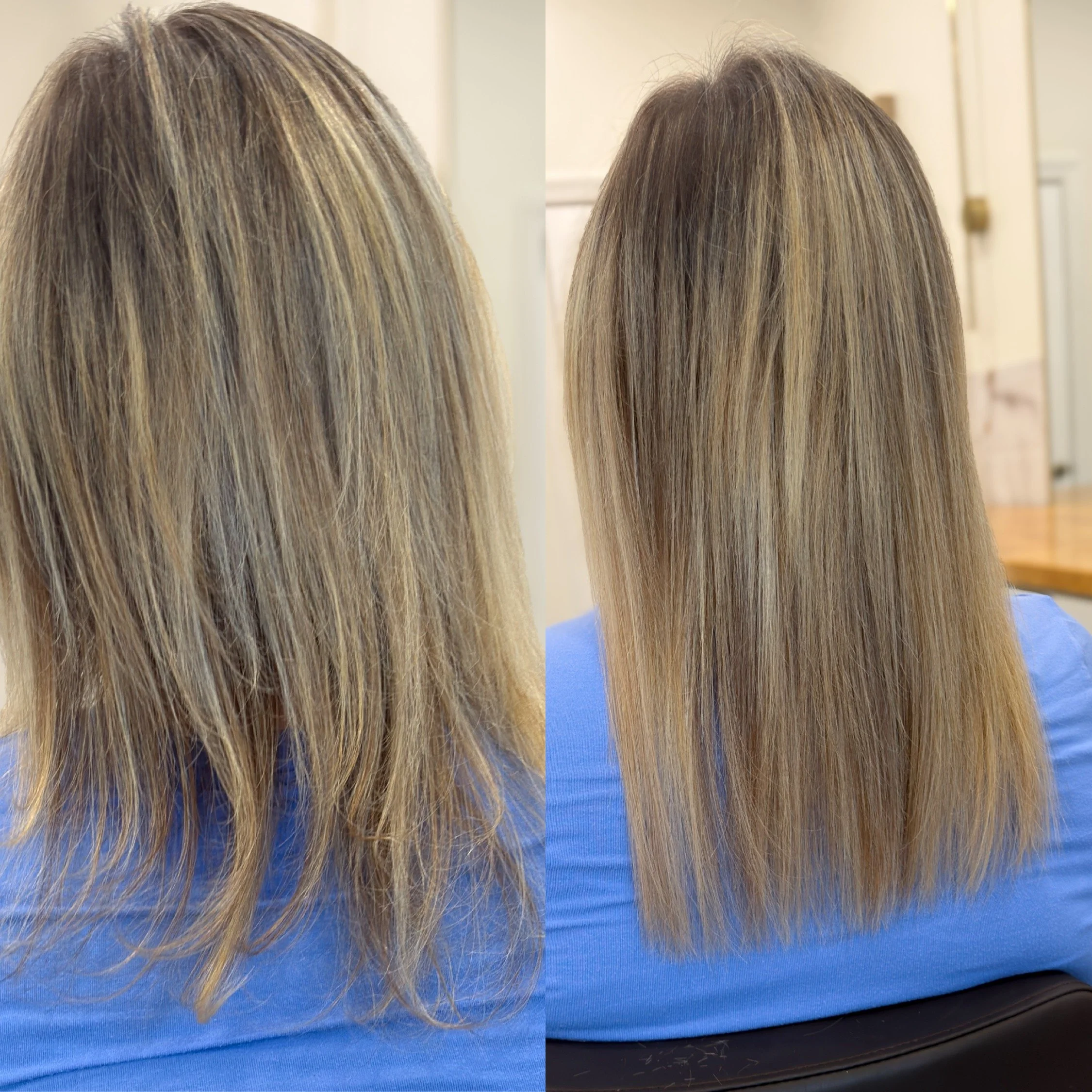 K -Tip Hair Extensions: Full head density fill in of single donor Slavic hair that colored and textured match to her perfectly