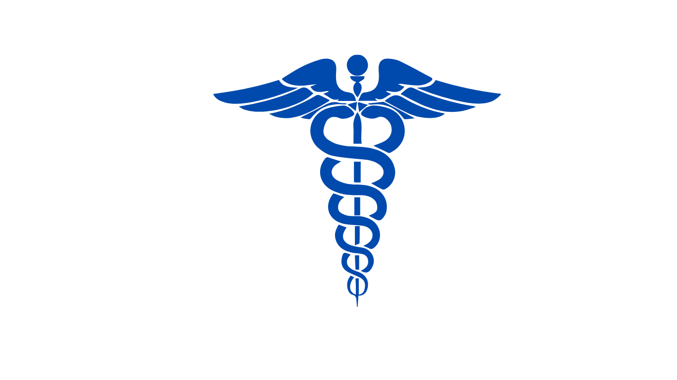 Blue caduceus symbol with two snakes intertwined around a staff, with wings at the top, used as a medical emblem.