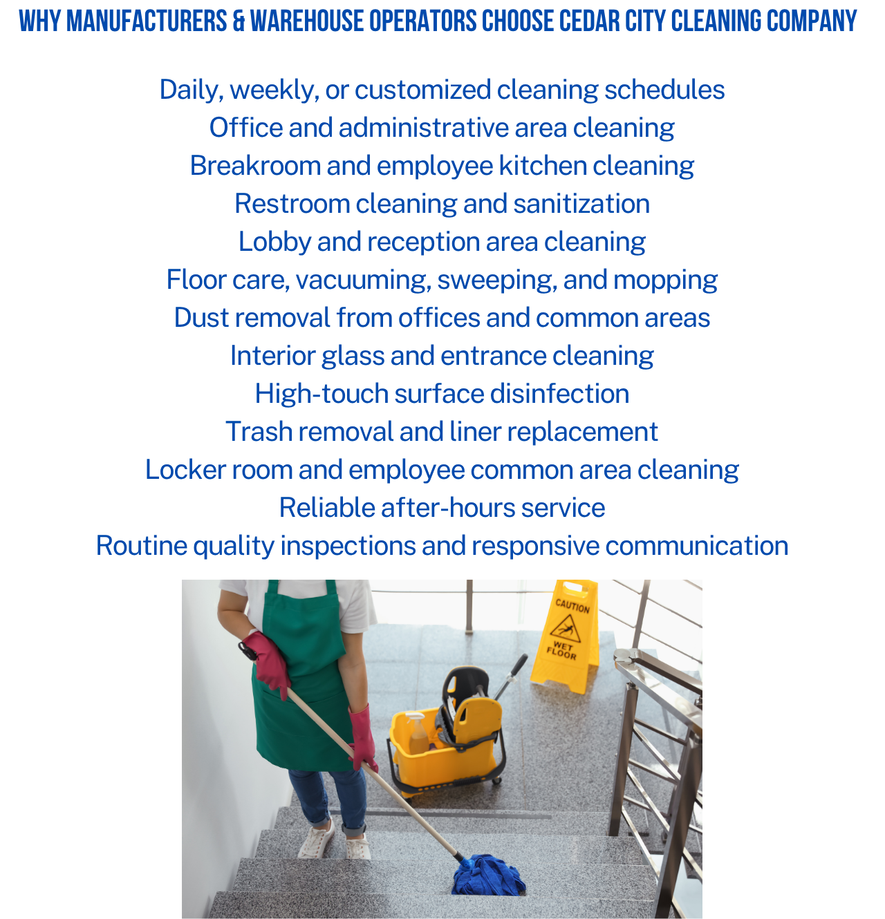 A person wearing a green apron and pink gloves is mopping a staircase. A caution wet floor sign is visible nearby, and cleaning equipment including a yellow bucket with cleaning supplies is placed on the floor.