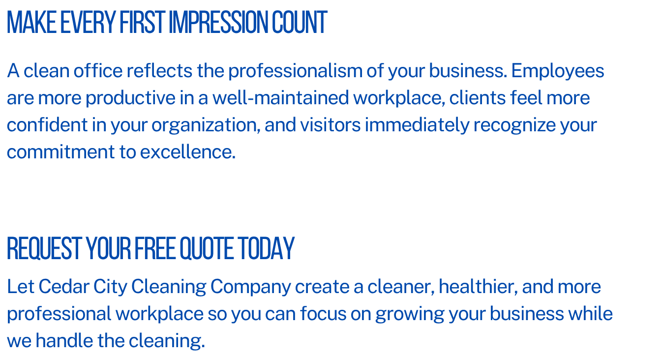 Ad text emphasizing the importance of a clean office for professionalism, productivity, and confidence. Call to action for a free quote from Cedar City Cleaning Company.
