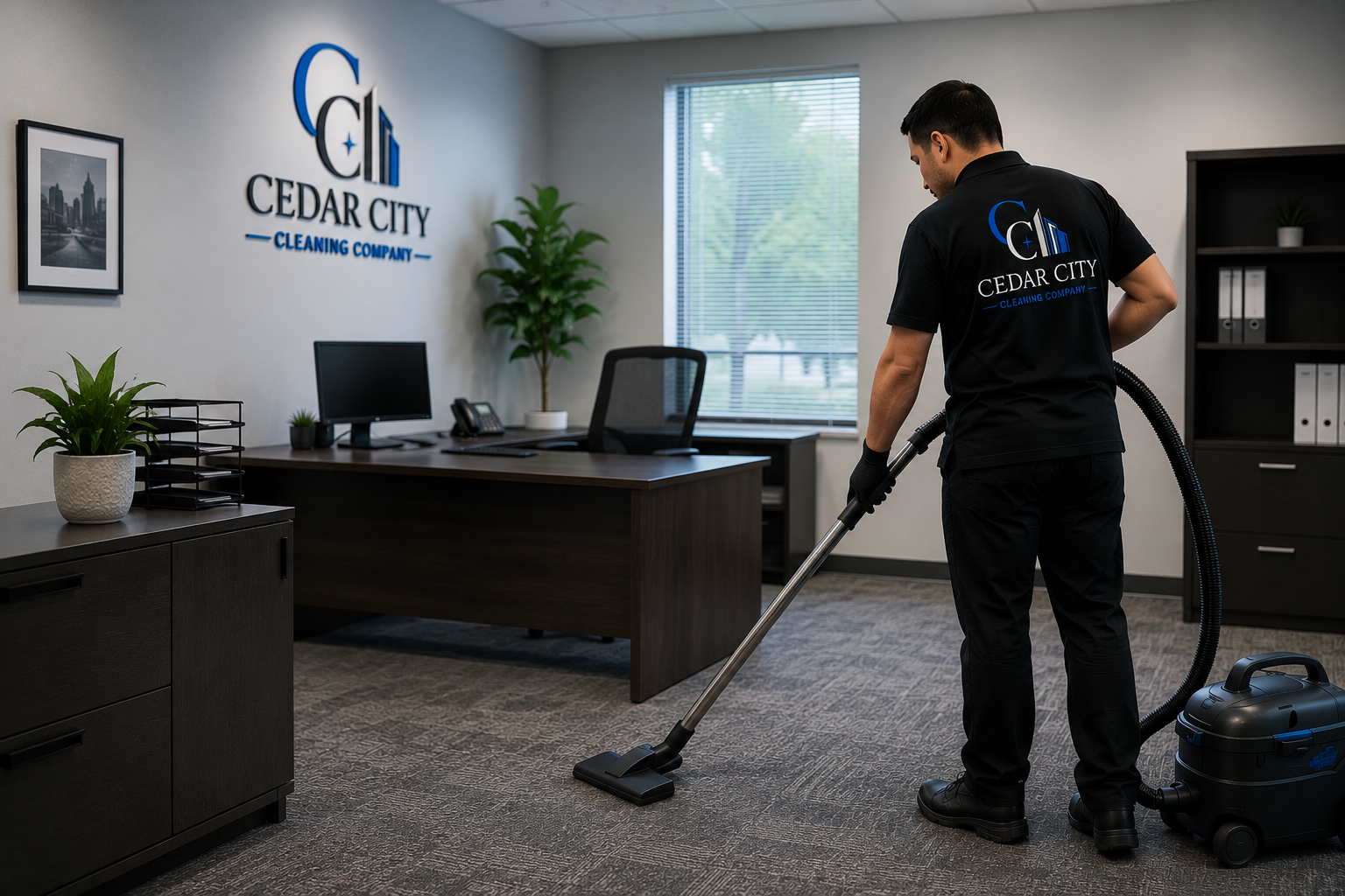 A person in a Cedar City Cleaning Company uniform vacuums the carpet in an office with a desk, computer, and office supplies. The office has a large window, potted plants, and framed wall art.