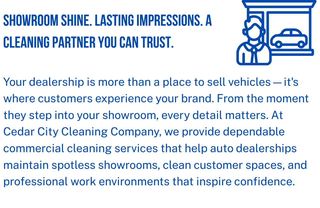 Text-based advertisement for Cedar City Cleaning Company emphasizing showroom shine, lasting impressions, and trustworthy service with a line drawing of a car dealership representative and a customer.