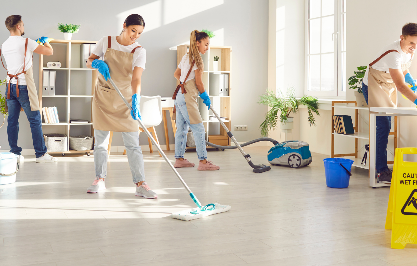 Four people cleaning a bright, modern office with mops, vacuum, and cleaning supplies. They are wearing gloves and aprons, engaged in cleaning tasks.
