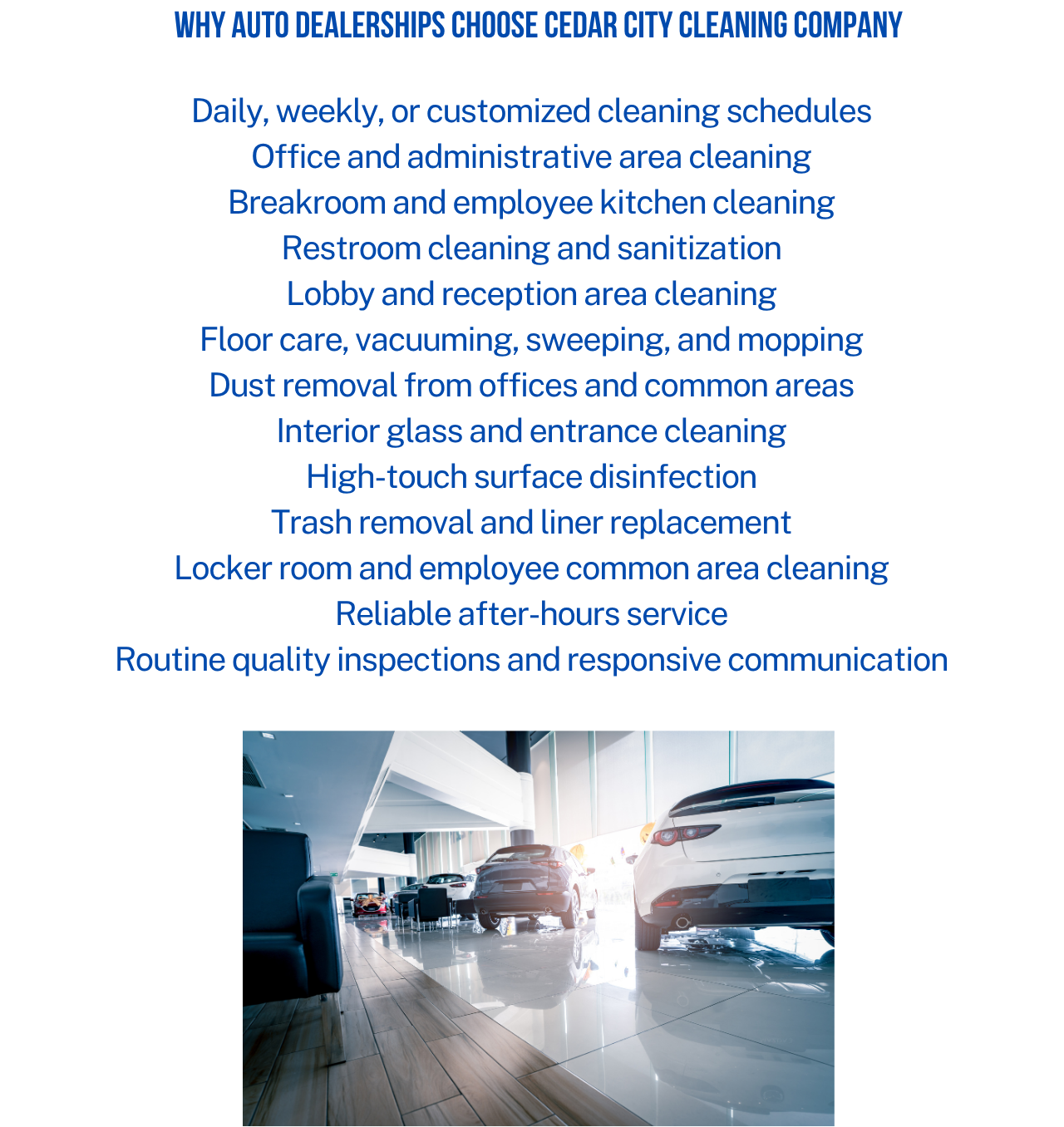 A list of reasons why auto dealerships choose Cedar City Cleaning Company, including services like office cleaning, restroom sanitation, floor care, and after-hours service, alongside a photo of a modern car dealership showroom with several cars inside.