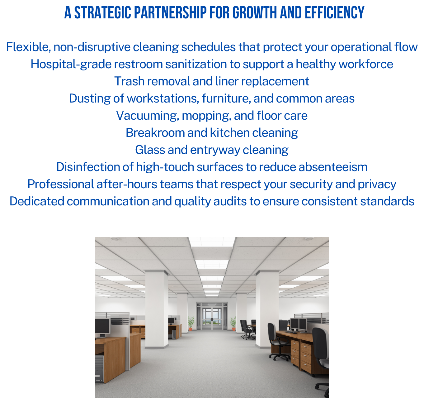 Poster with blue text about cleaning and disinfecting services, listing tasks like trash removal, vacuuming, and surface disinfection, with a background image of an empty, well-lit office space with desks, chairs, and computer monitors.