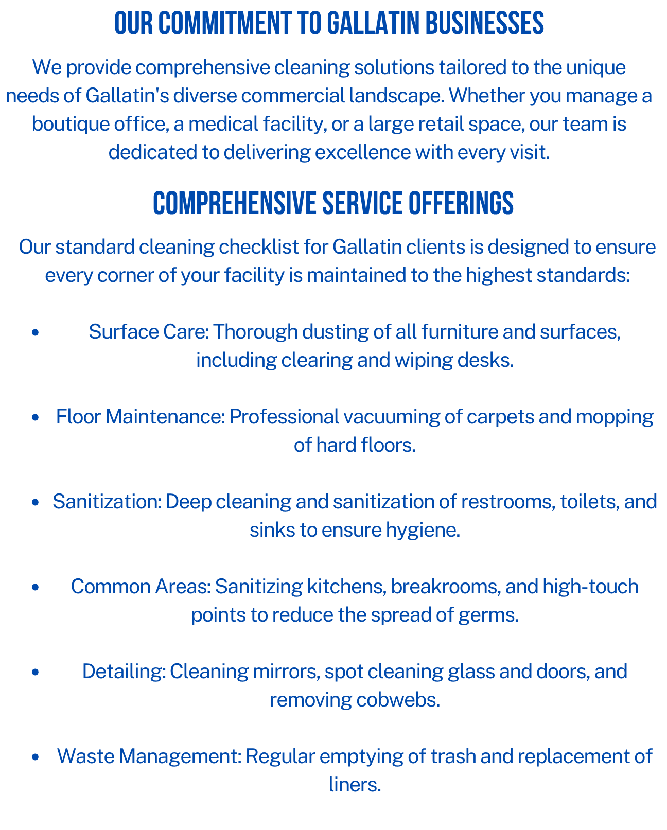 A digital poster with a dark background and blue text outlining cleaning and sanitation services offered by Gallatin businesses, including surface care, floor maintenance, sanitation, common areas, detailing, and waste management.
