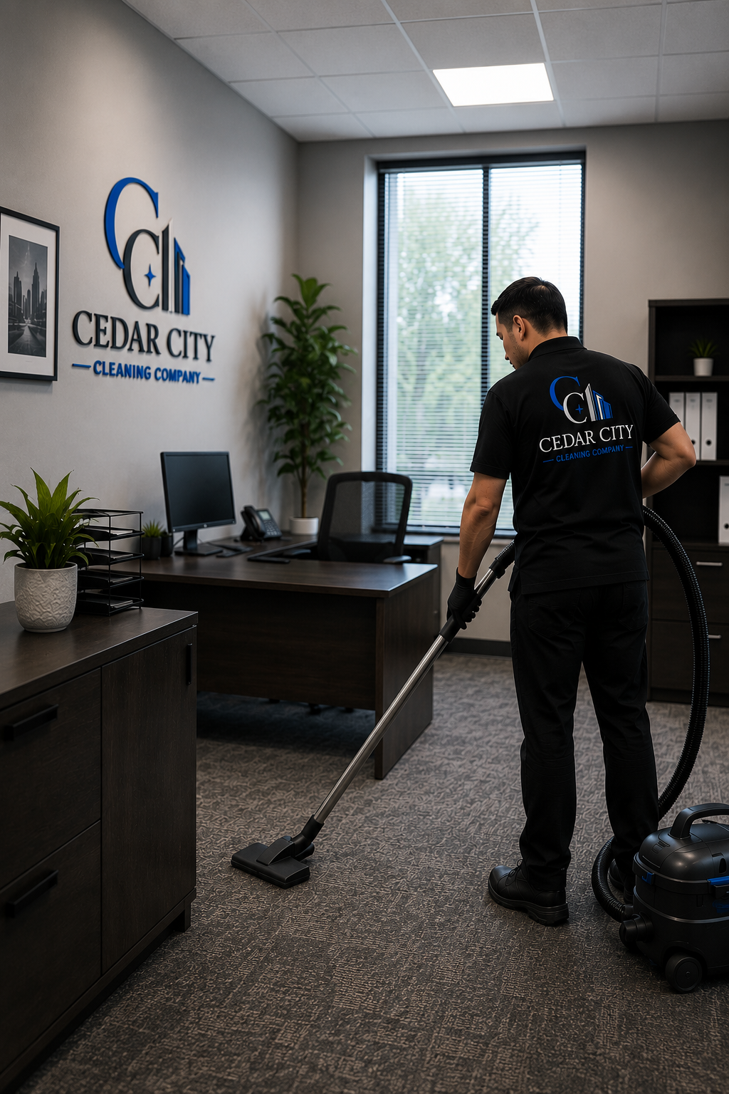 A man in Cedar City Cleaning Company uniform vacuums office carpet. Working on a commercial cleaning job.