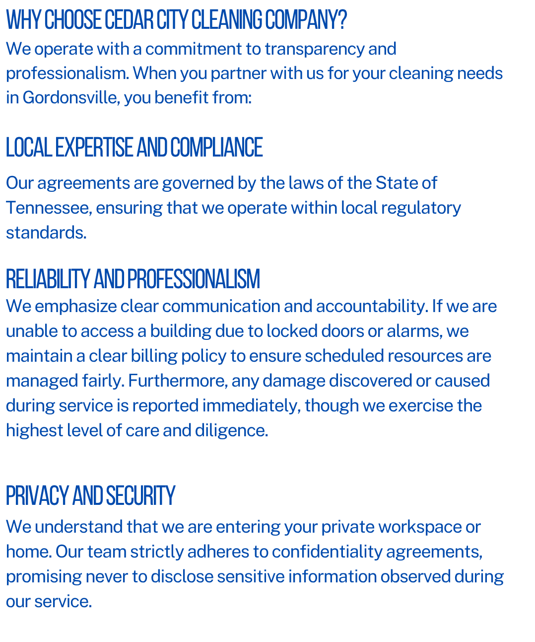 Text image outlining reasons to choose Cedar City Cleaning Company, including focus on transparency, professionalism, local expertise, compliance with Tennessee laws, reliability, professional communication, security, and confidentiality.