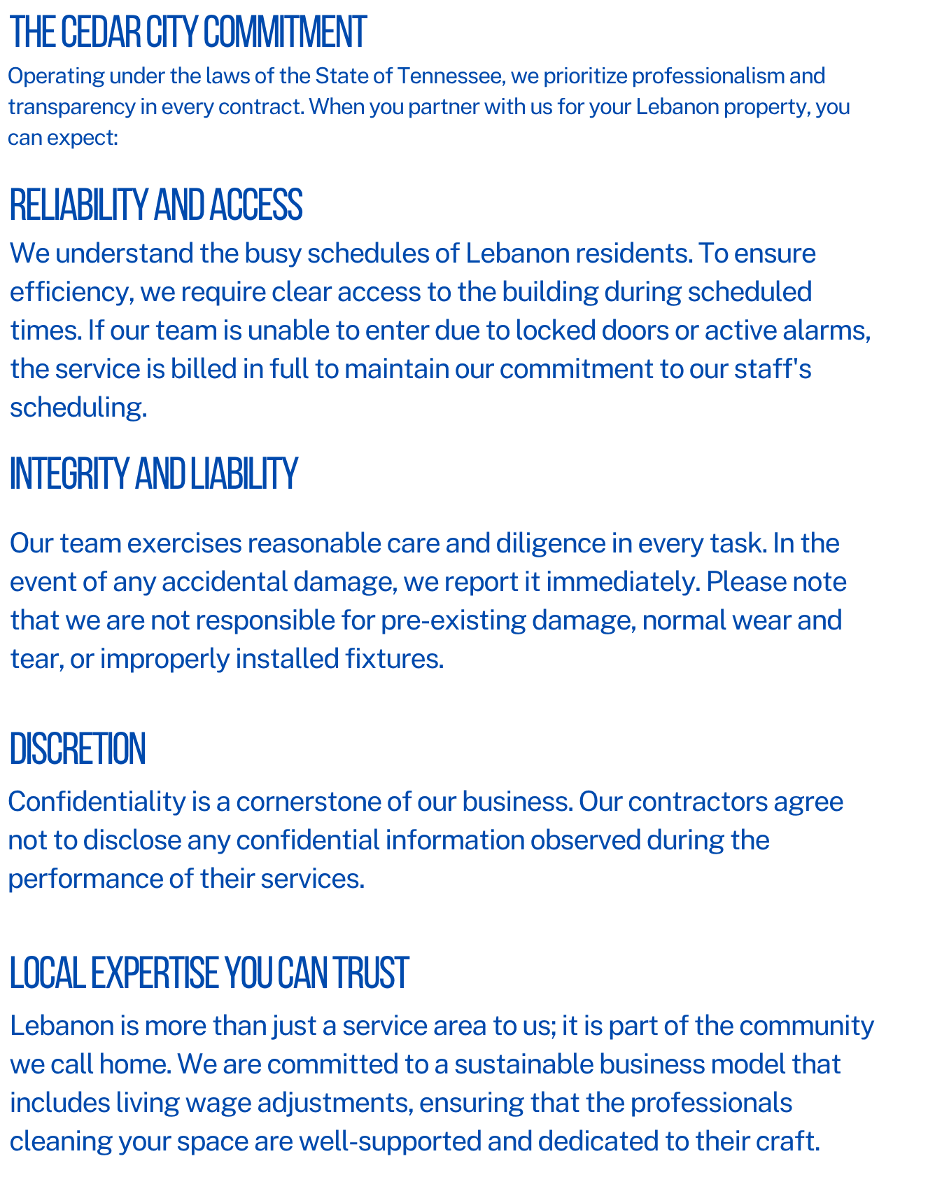 Text-based informational poster outlining the Cedar City commitment, emphasizing professionalism, transparency, reliability, integrity, discretion, and trustworthiness in services provided in Lebanon, with a focus on community integration and sustainable business practices.