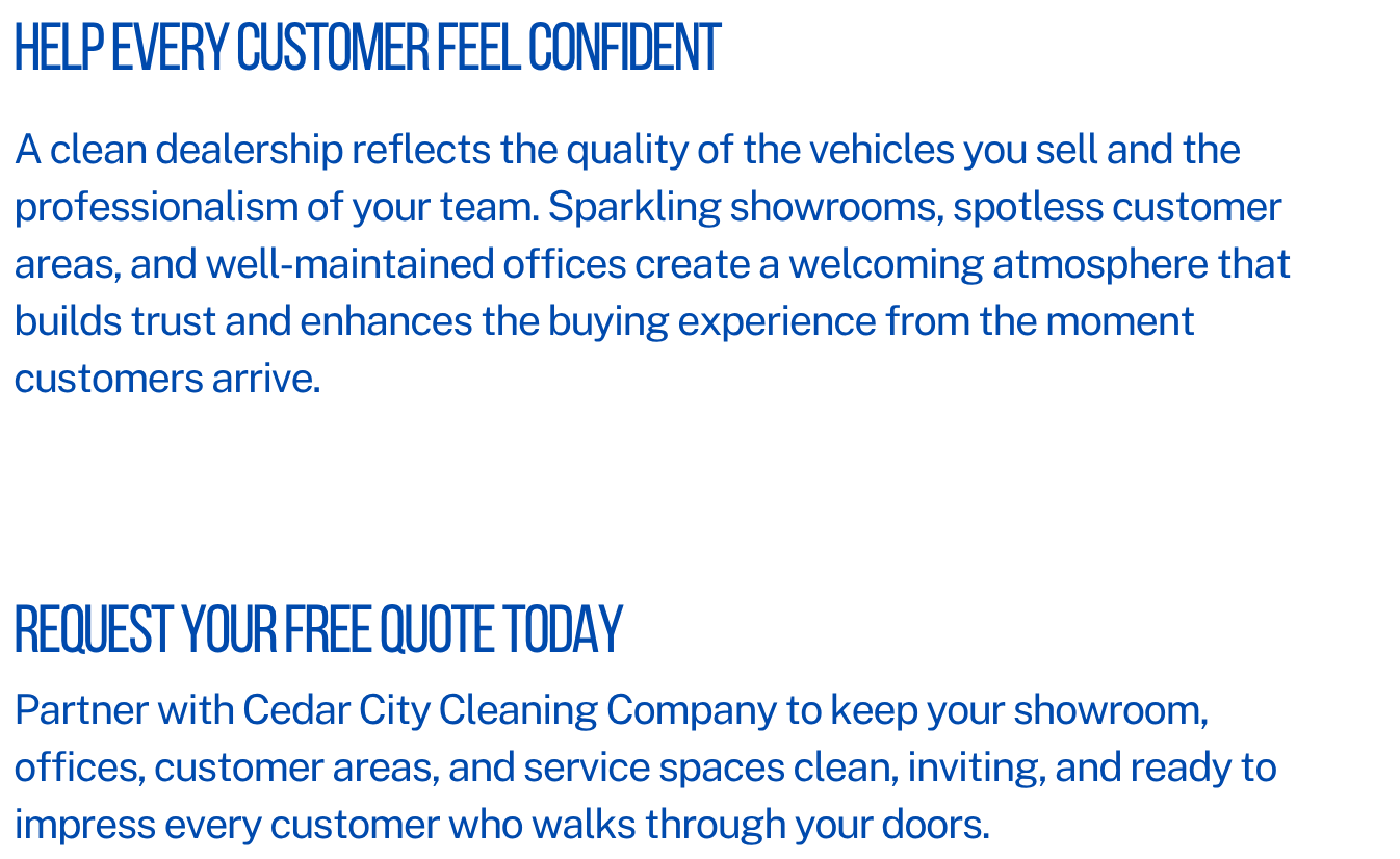 Text promoting Cedar City Cleaning Company's services, emphasizing a professional and clean showroom environment, and encouraging businesses to request a free quote to impress customers.