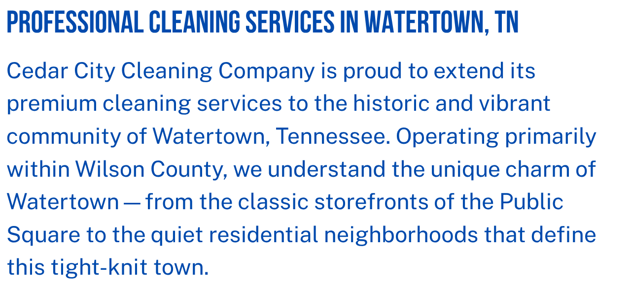 Text-based image promoting professional cleaning services in Watertown, Tennessee, by Cedar City Cleaning Company, emphasizing their coverage of the town's historic and vibrant community.