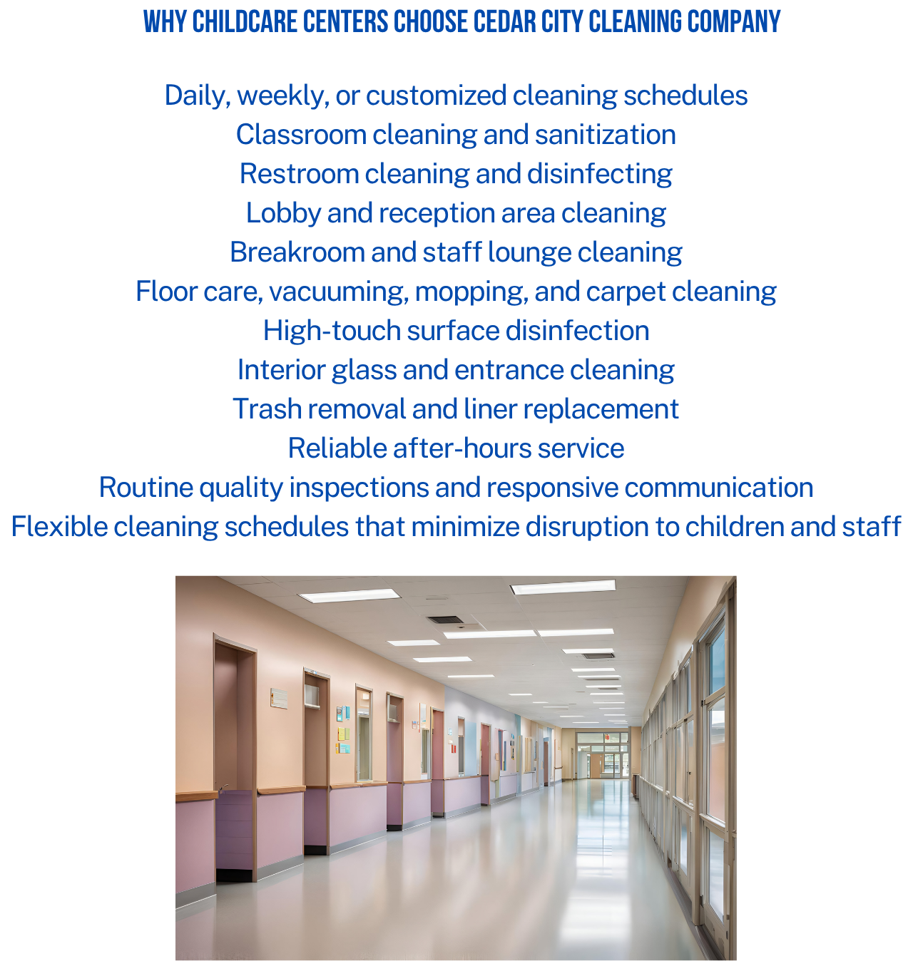 Empty hospital corridor with pastel walls, multiple windows, and doors on the left side, fluorescent ceiling lights, and a polished floor reflected light.