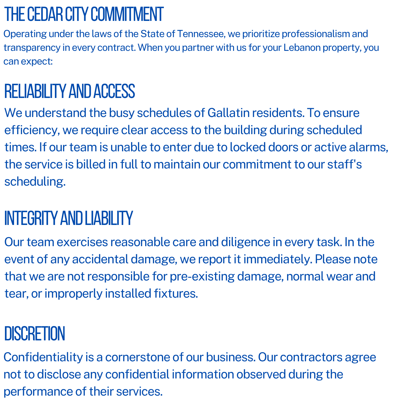 A business commitment statement from Cedar City outlining their principles of professionalism, transparency, reliability, access, integrity, liability, discretion, confidentiality, and their dedication to responsible and diligent service.