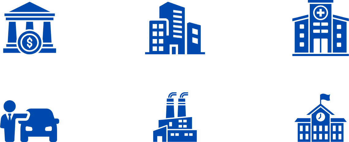 Six blue icons representing different sectors: a bank with a dollar sign, a group of buildings, a hospital, a man refueling a car, a factory, and a government building with a flag.
