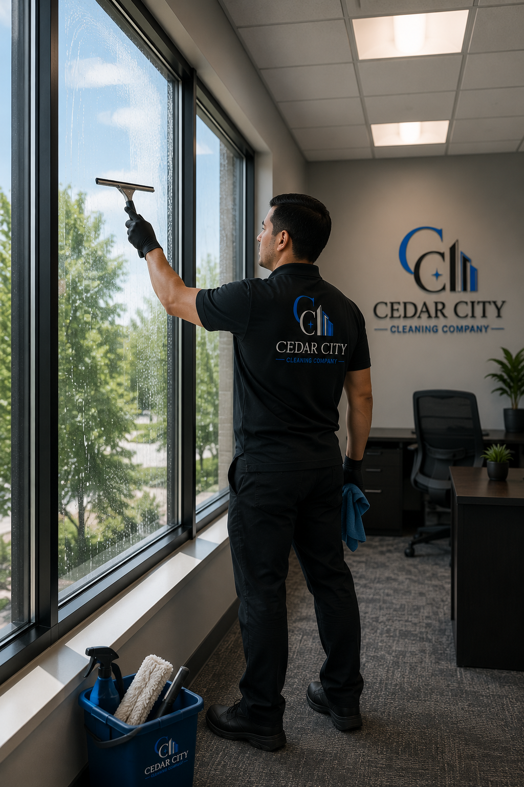 A janitor cleaning a large office window with a squeegee, inside Cedar City Cleaning Company office. Working on a commercial cleaning job.