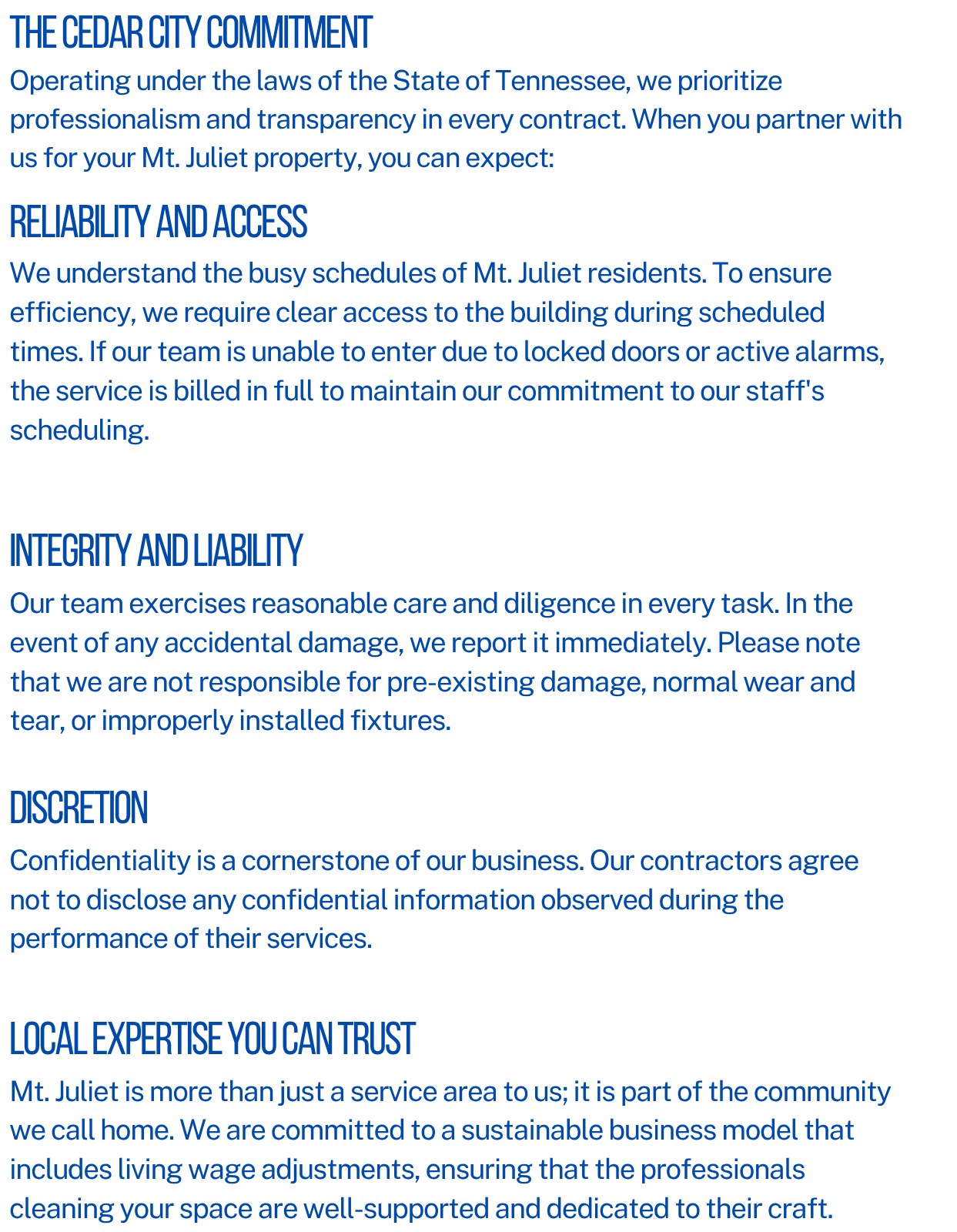 A website page or document outlining company values and commitments related to reliability, access, integrity, confidentiality, and community service, featuring headers in bold blue text.