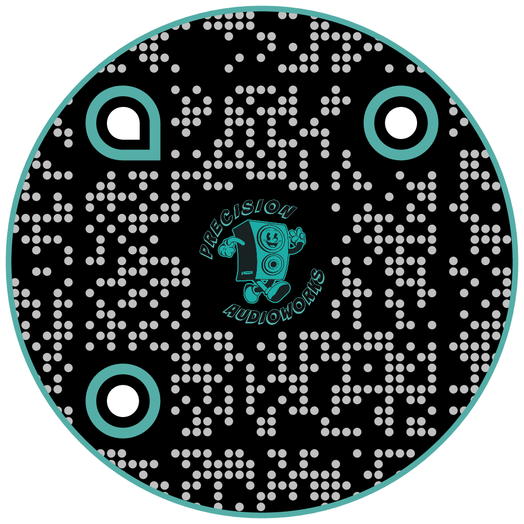 This is a Black and teal QR code with a small cartoon character in the center and the words "PRECISION AUDIOWORKS" in a circle around it.