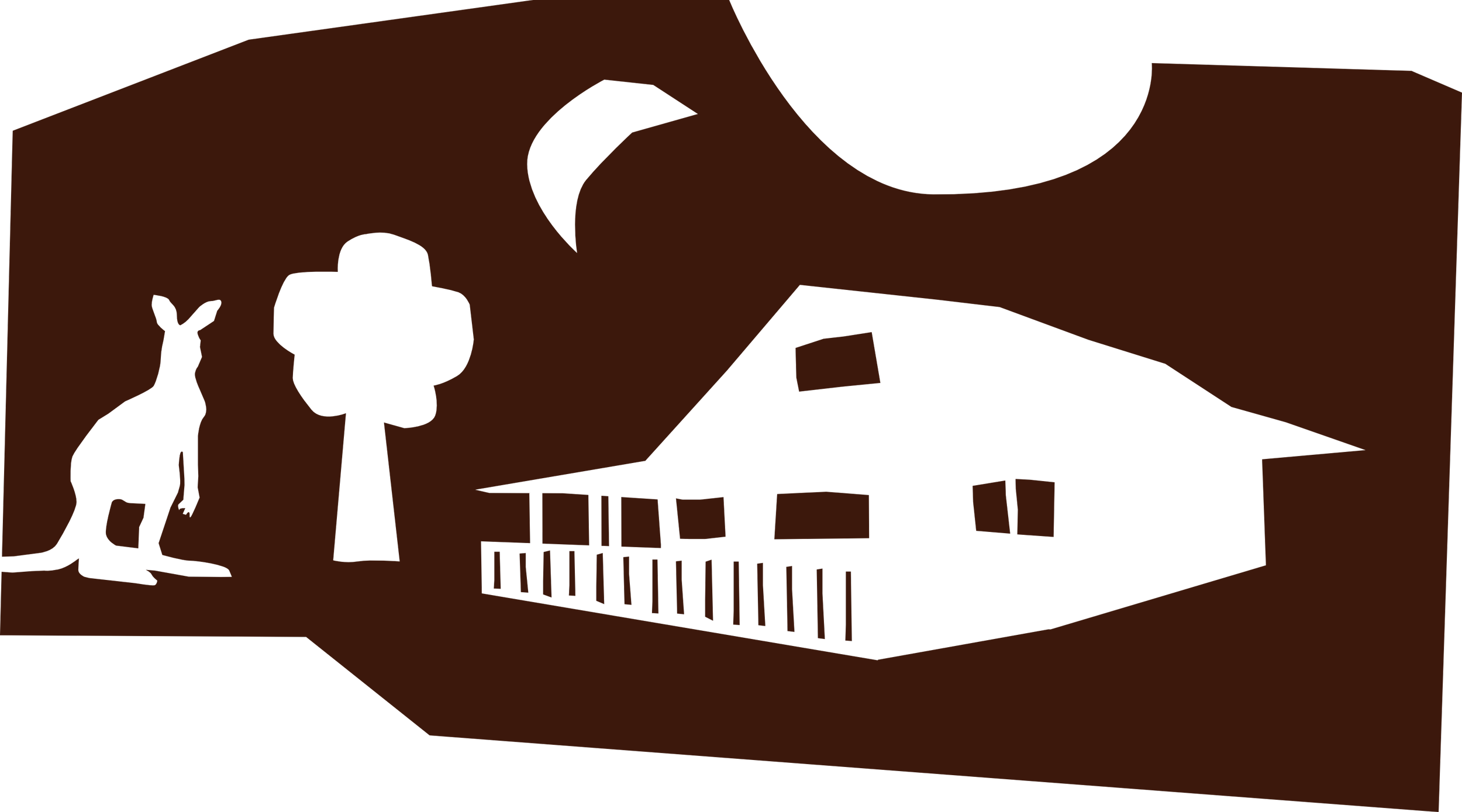 Silhouette of a kangaroo, a tree, and a building with a roof and elevated platform against a dark sky.