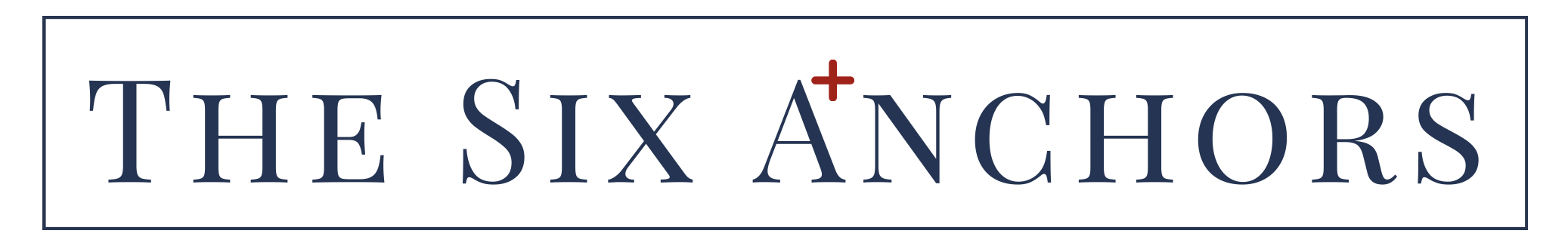Logo with navy blue text reading 'The Six Anchors' inside a rectangular border, with a red cross over the letter 'A' in 'Anchors'.