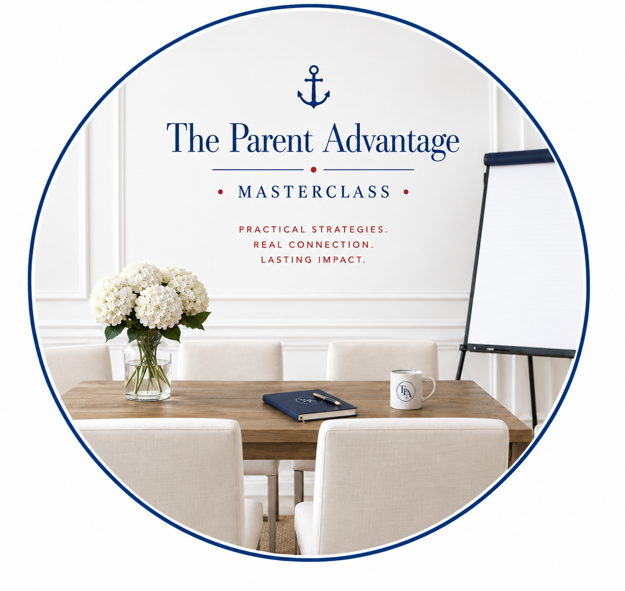 A conference room with a wooden table, white chairs, a vase of white hydrangeas, a notebook with a pen, a white coffee mug with a logo, a whiteboard, and a wall with a large sign reading 'The Parent Advantage Masterclass' and a nautical anchor graphic.