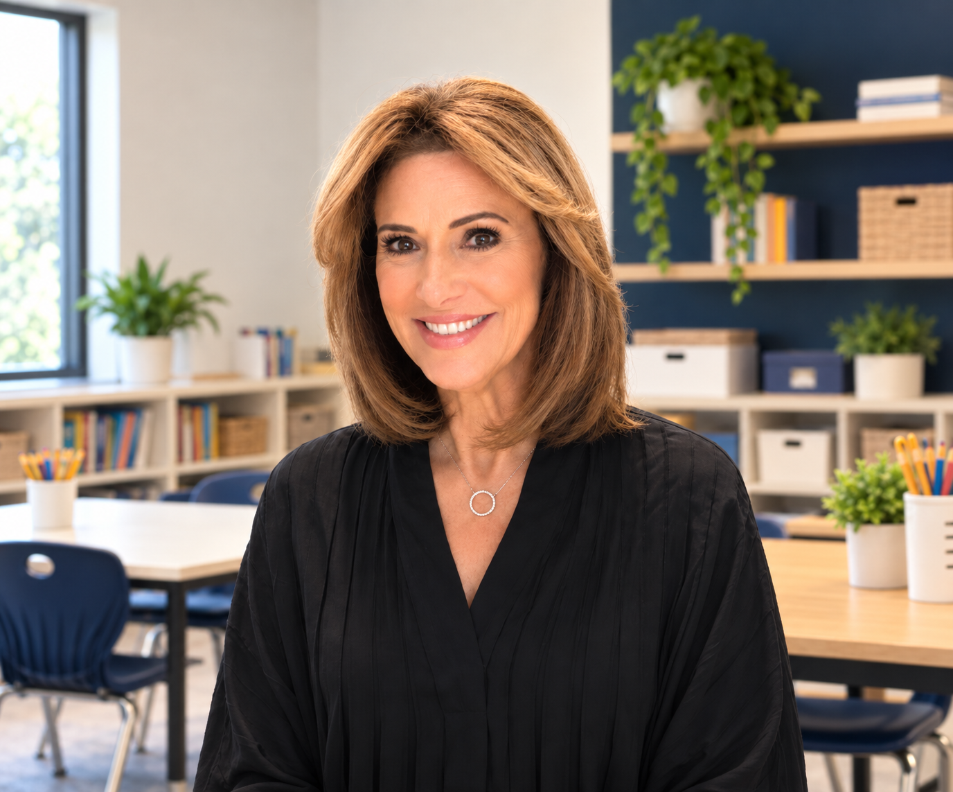 A smiling woman with shoulder-length brown hair, wearing a black top and a silver necklace, standing in a bright room with books, plants, and shelves in the background.