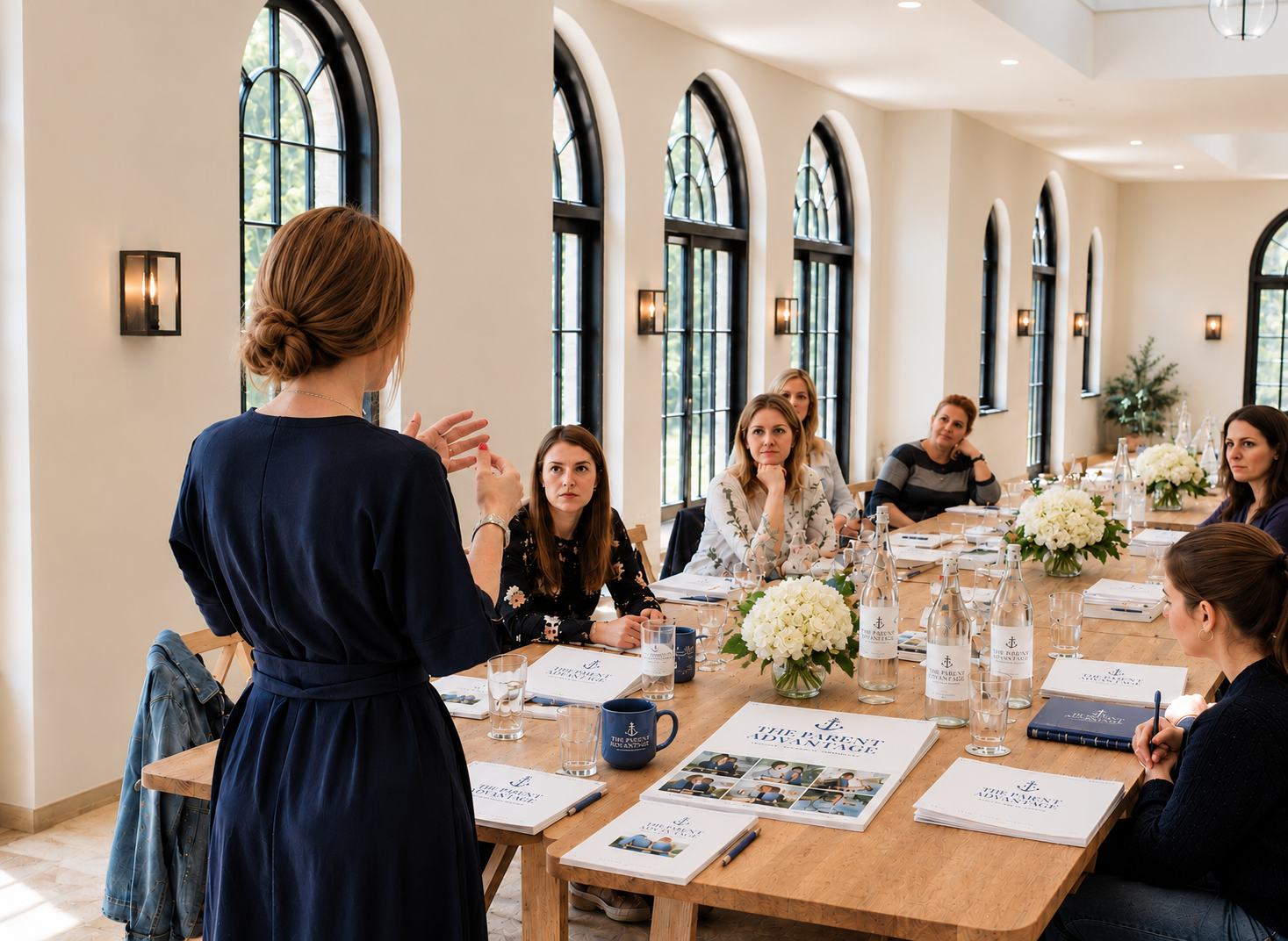 A woman giving a presentation to a group of women seated at a long table in a bright, modern conference room with large arched windows and floral decorations.