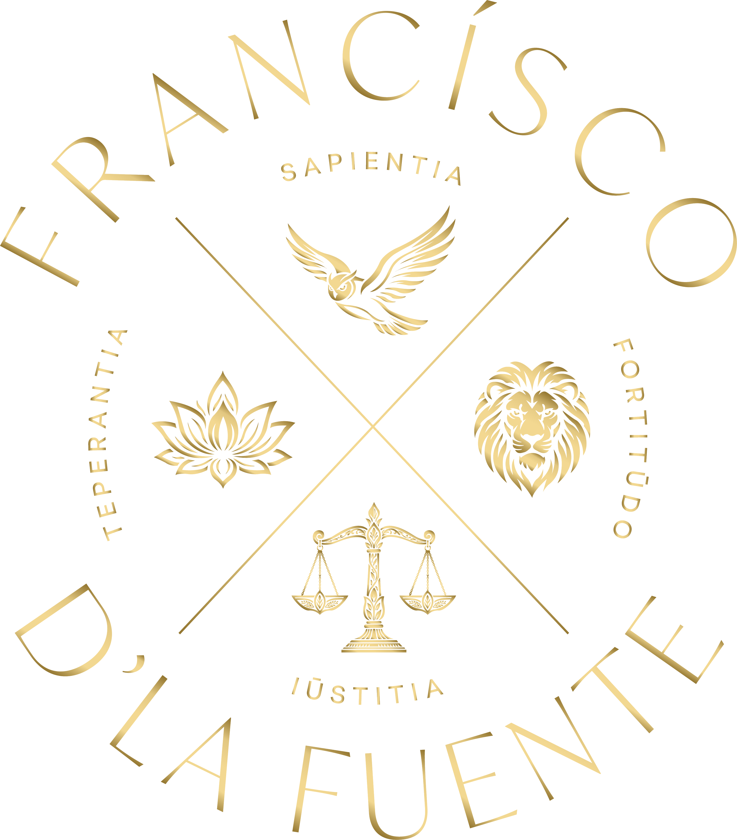 A golden and white emblem with an owl, scales of justice, lion, and lotus flower with Italian words, symbolizing law, justice, and wisdom.