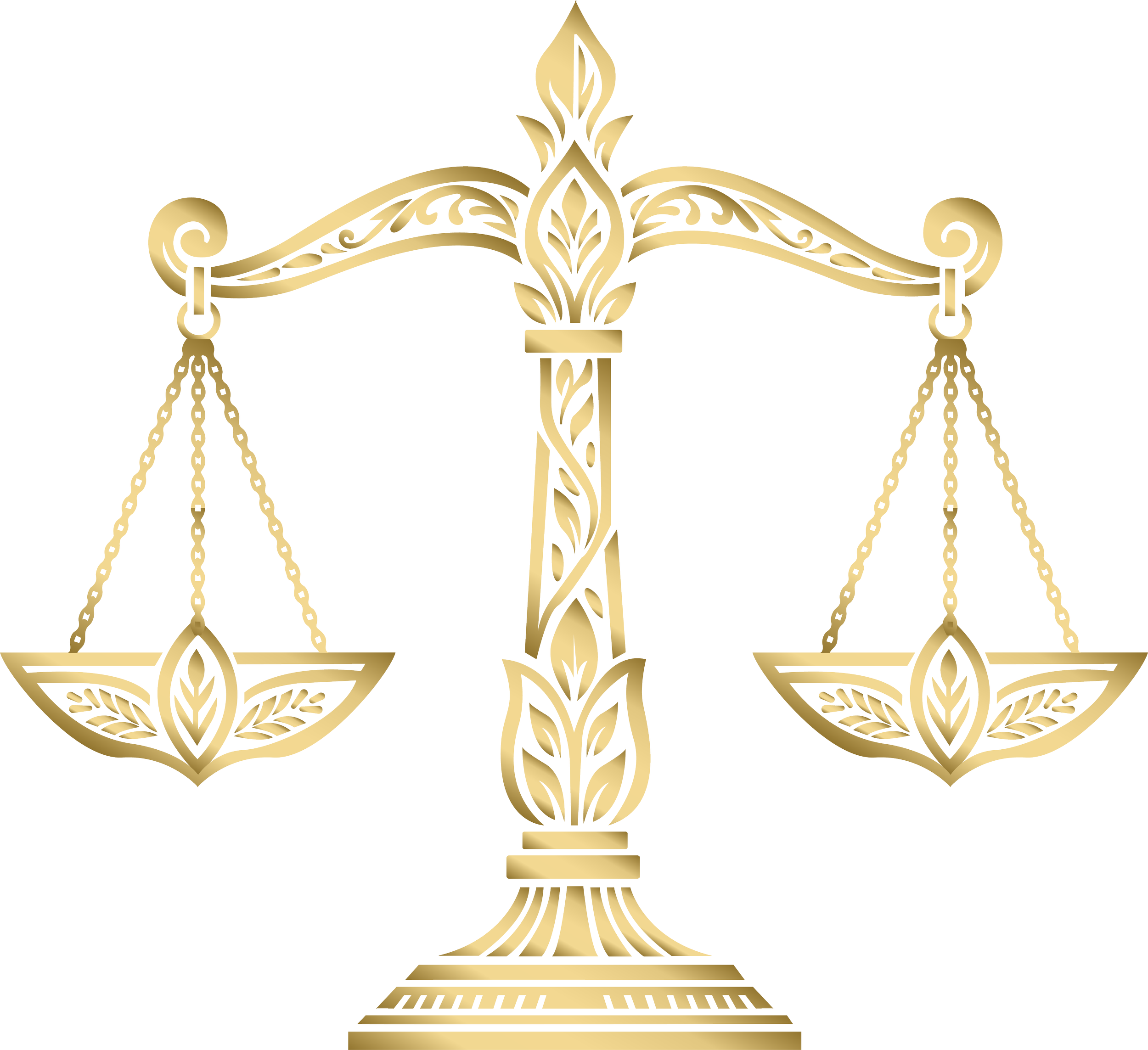 A gold ornate justice scale with intricate floral and leaf patterns, set against a white background.