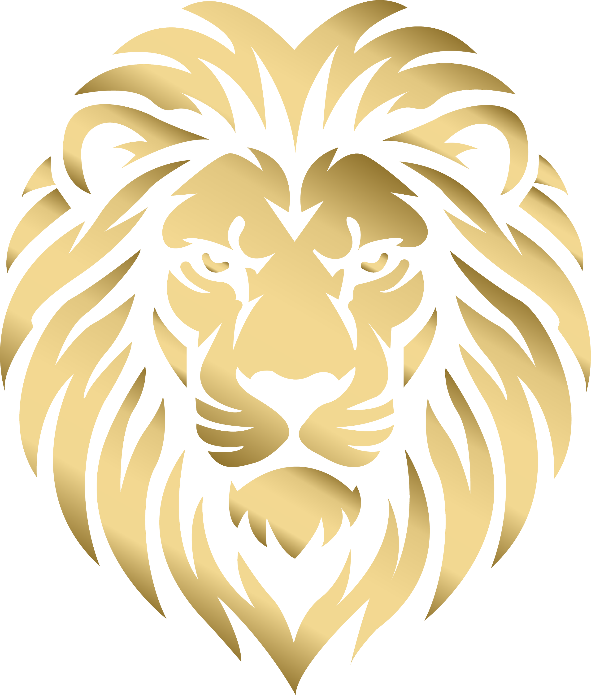 Gold and white stylized logo or ornament resembling a lion's face and mane.