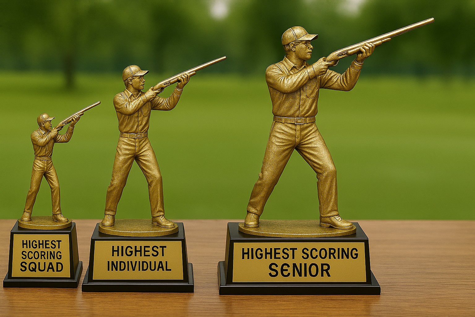 Three golden trophies of baseball players in different sizes. The smallest trophy is labeled 'HIGHEST SCORING SQUAD', the middle trophy is labeled 'HIGHEST INDIVIDUAL', and the largest trophy is labeled 'HIGHEST SCORING SENIOR'.