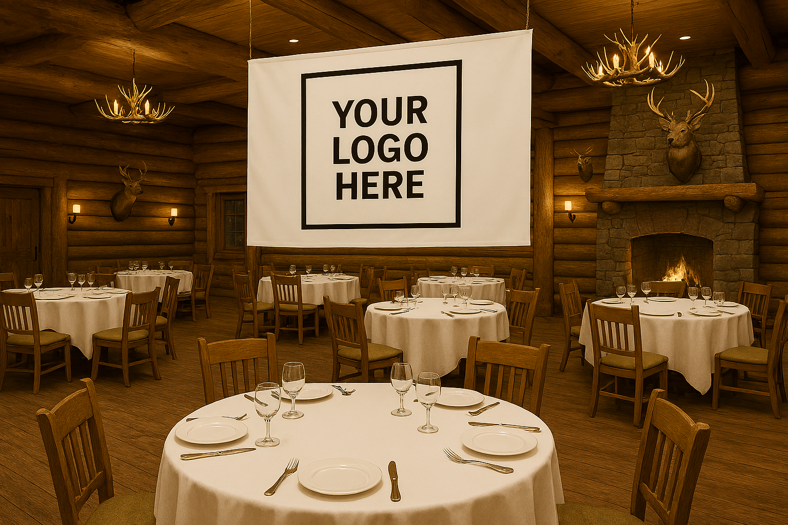 Dining room with log cabin interior, wood walls, a stone fireplace, mounted deer heads, chandeliers, round tables with white tablecloths, and a large sign hanging from the ceiling that says "Your Logo Here".