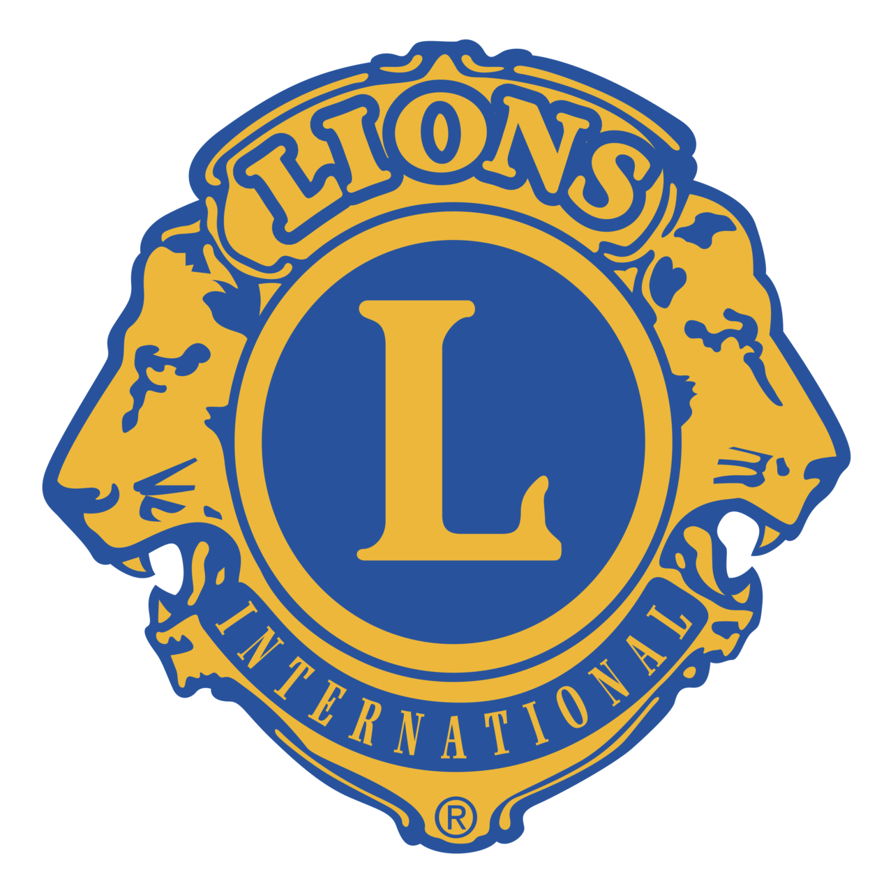 Lions International logo featuring a blue and gold emblem with two lion heads facing opposite directions and the text "Lions International".