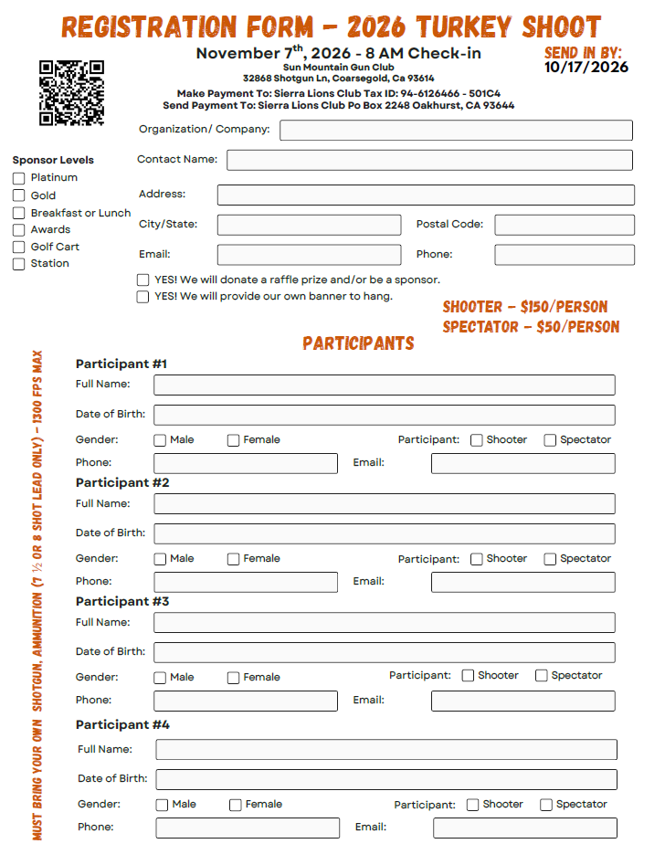 Registration form for the 2026 Turkey Shoot event, scheduled on November 7th, 2026, at 8 AM at Sun Mountain Gun Club in California. The form includes fields for organization name, contact info, sponsor levels, participant details, and event pricing for shooters and spectators.