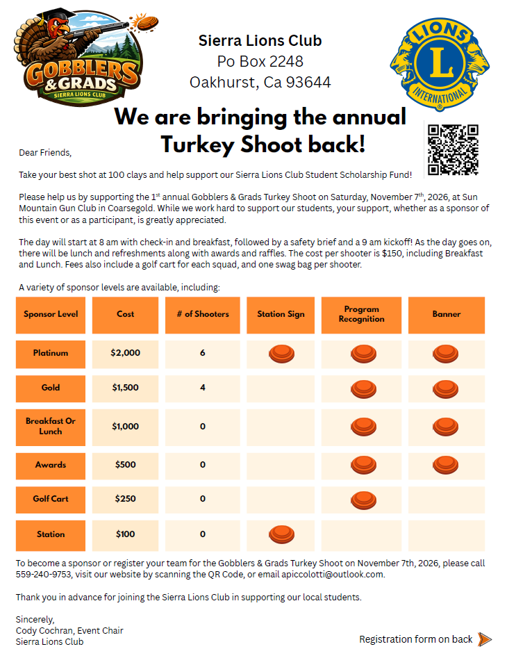 A flyer for the Sierra Lions Club Gobblers & Grads annual Turkey Shoot event. It includes logos for Gobblers & Grads Sierra Lions Club and Lions International. The flyer provides event details, sponsorship levels with costs and rewards, and a QR code for registration.